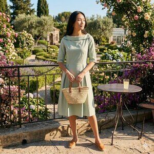 Sage Green Off-Shoulder Fit & Flare Dress - Elegant Mid-Length - XL